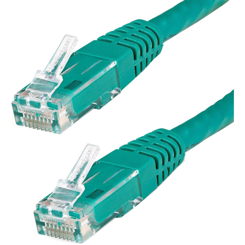 Close-up view of gold-plated RJ-45 connectors on green Cat6 ethernet cable with strain relief