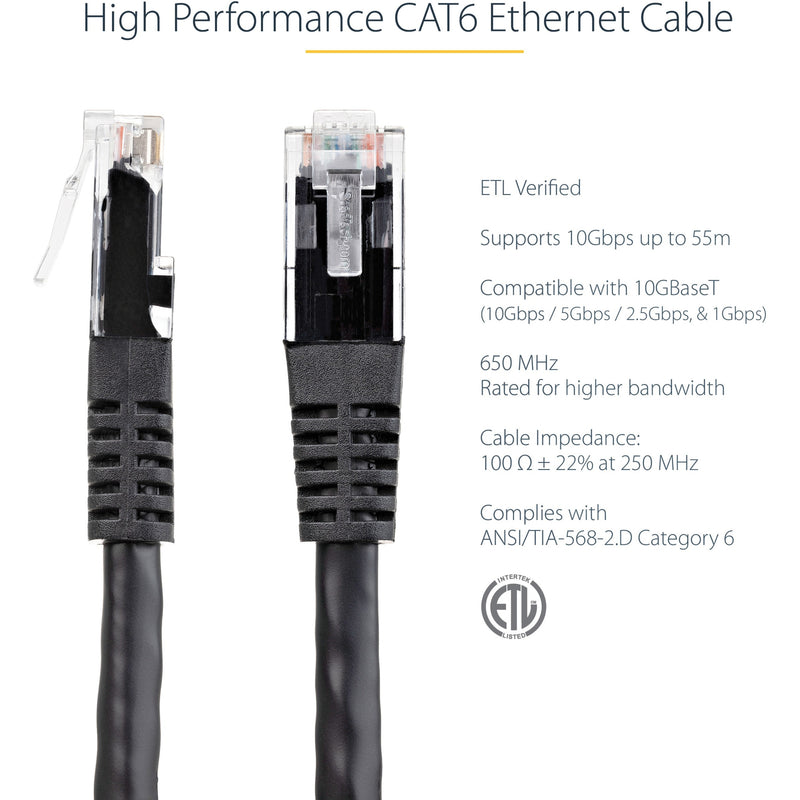 Technical specifications of StarTech.com Cat6 cable showing ETL certification and performance parameters