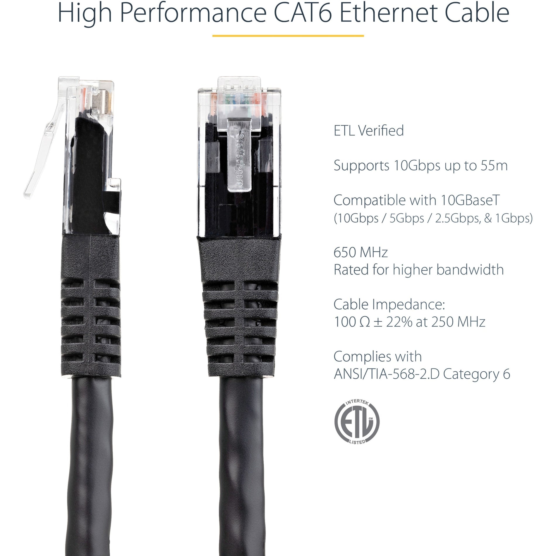 StarTech.com C6PATCH3BK 3ft Black Cat6 UTP Patch Cable ETL Verified, 10 Gbit/s Data Transfer Rate, Gold Plated Connectors