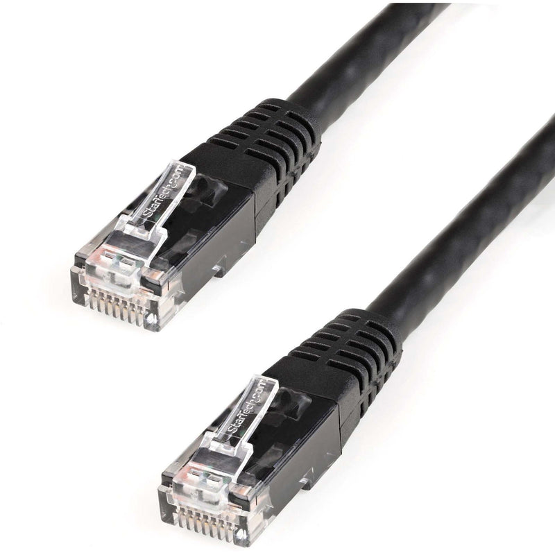 Close-up view of StarTech.com Cat6 cable's gold-plated RJ-45 connectors with transparent housing and black strain relief boot