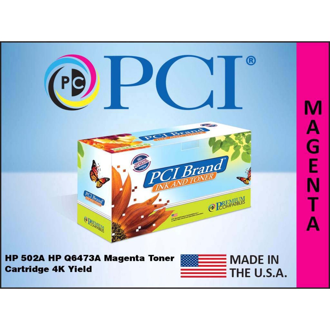 Detailed view of PCI Brand magenta toner cartridge with Made in USA certification and specifications-alternate-image2