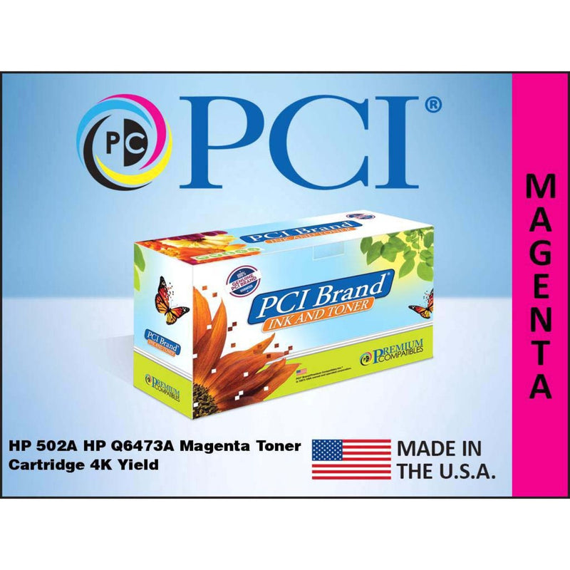 Detailed view of PCI Brand magenta toner cartridge with Made in USA certification and specifications