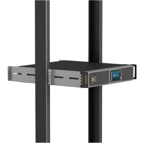 Liebert 2U telecom rack mounting kit installed on a two-post rack with UPS system mounted horizontally