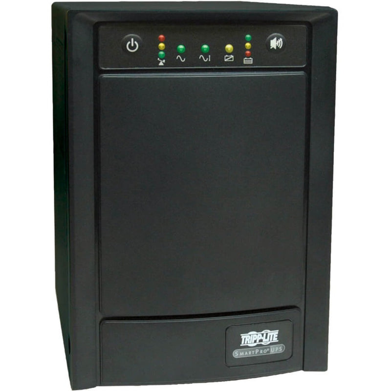 Front view of Tripp Lite SMART1050SLT UPS showing LED status display panel and SmartPro branding