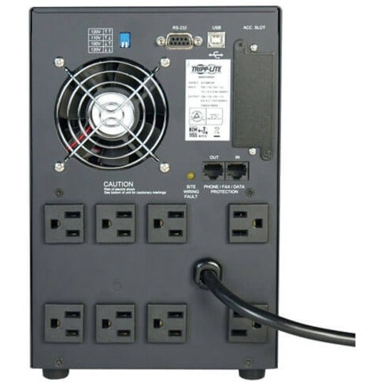 Rear view of Tripp Lite SMART1050SLT UPS showing outlets, ports, and cooling fan-alternate-image3