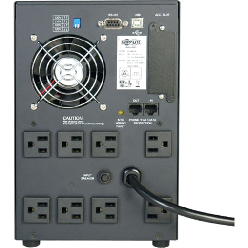 Rear view of Tripp Lite SMART1500SLT UPS showing eight power outlets, cooling fan, and communication ports