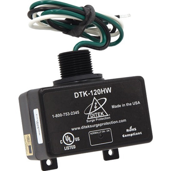 DITEK DTK-120HW surge suppressor device showing LED diagnostic display, mounting brackets, and connection wires in black housing-alternate-image1