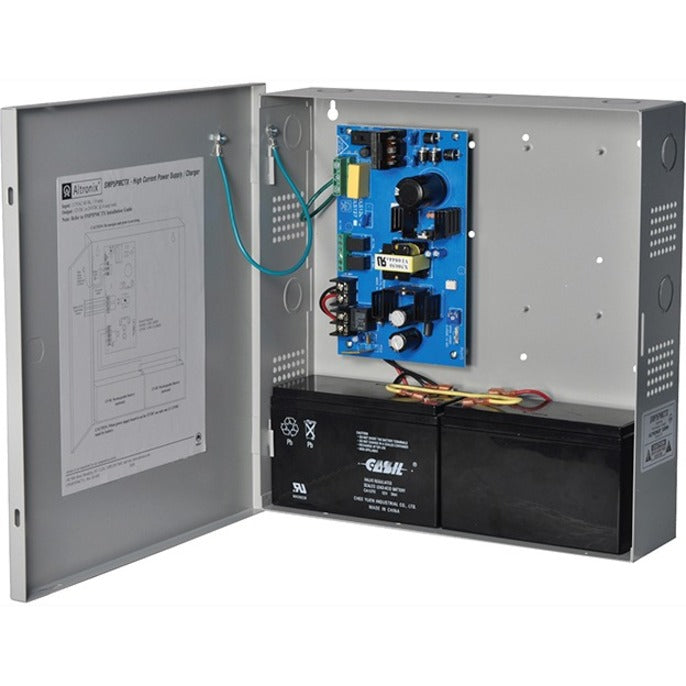 Interior view of Altronix SMP5PMCTX power supply showing blue circuit board, backup batteries, and steel enclosure with wiring diagram-alternate-image1