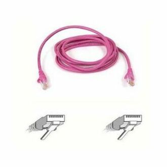 7-foot pink Belkin Cat5e network patch cable with RJ45 connectors and connector diagram