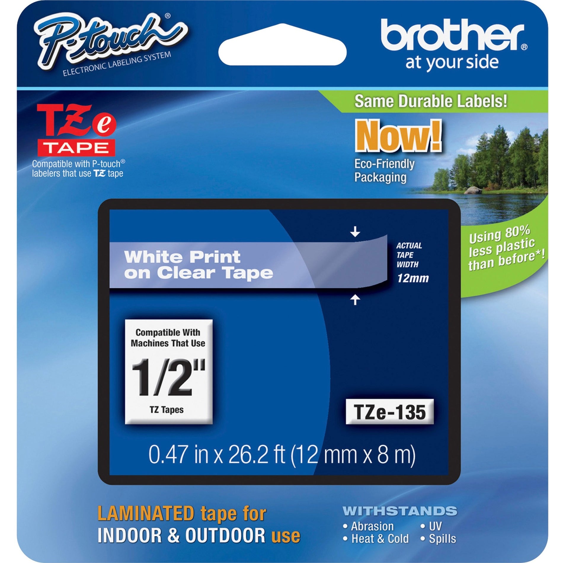 Brother TZE135 P-touch TZe Laminated Tape Cartridges, 1/2" Label Width, Grease Resistant, Grime Resistant, Temperature Resistant, Water Resistant