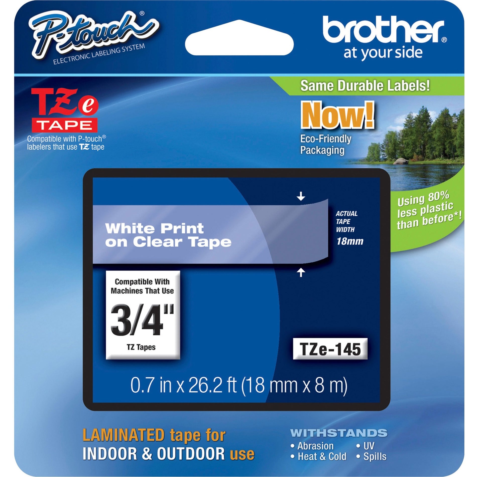 Brother TZE145 P-Touch TZe Laminated Tape, 3/4", White, Temperature Resistant, Water Resistant