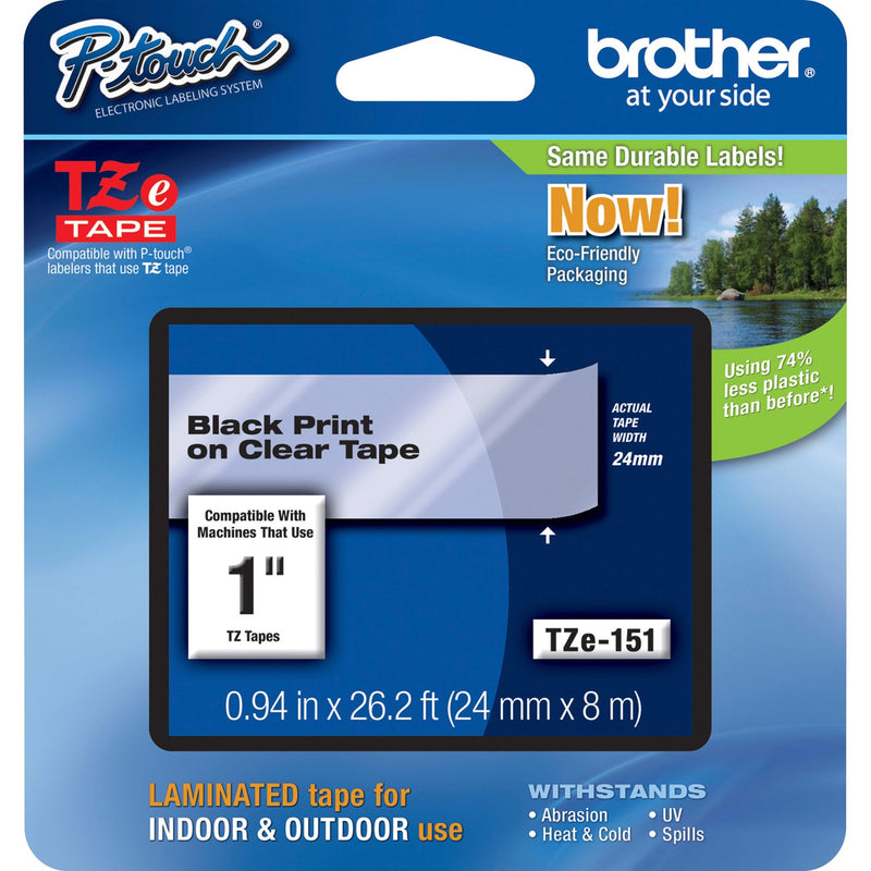 Brother TZe-151 P-Touch tape cartridge packaging showing black on clear tape specifications and eco-friendly features