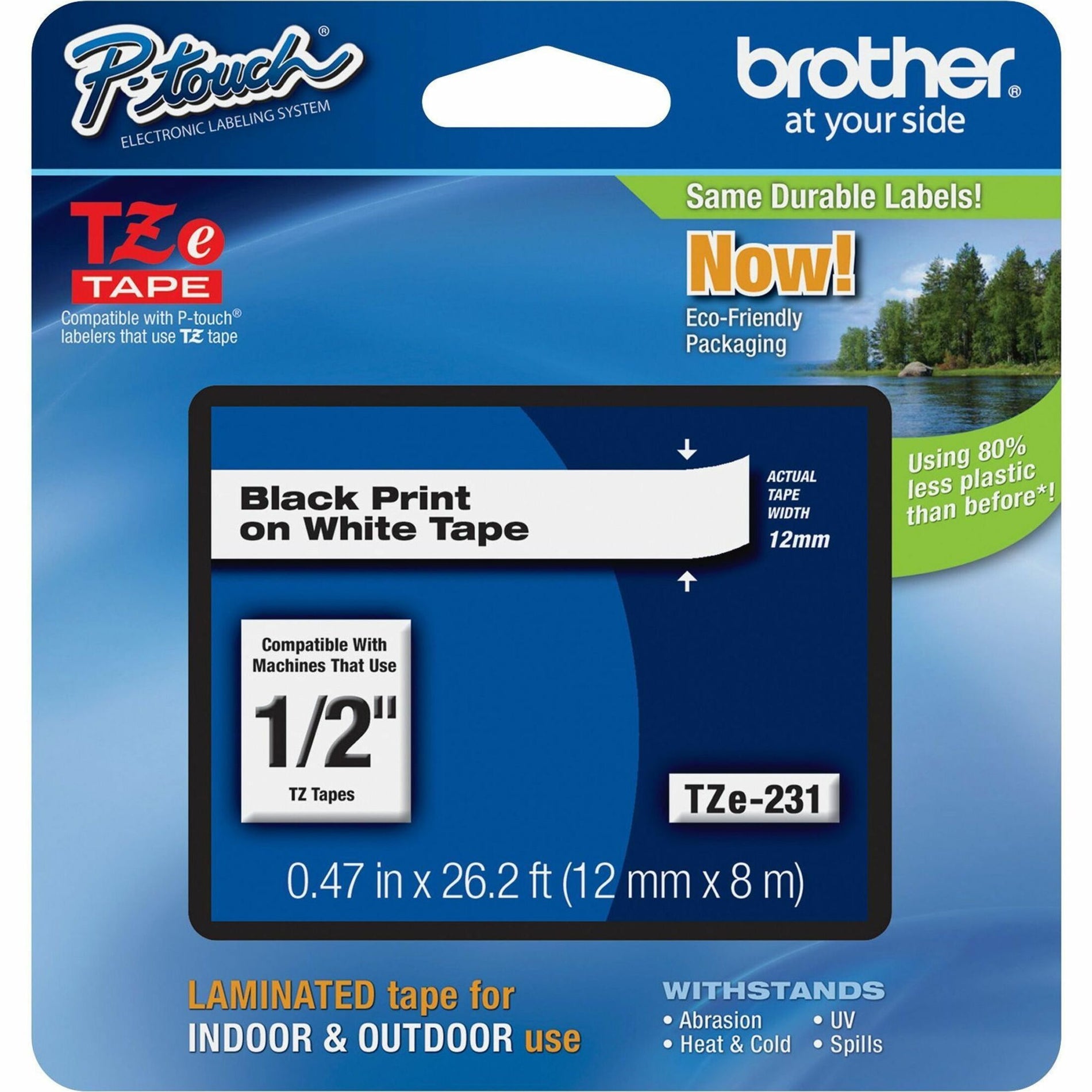 Brother TZE231 P-touch Laminated Tape Cartridge, White, 15/32" Width, Abrasion Resistant, Water Resistant