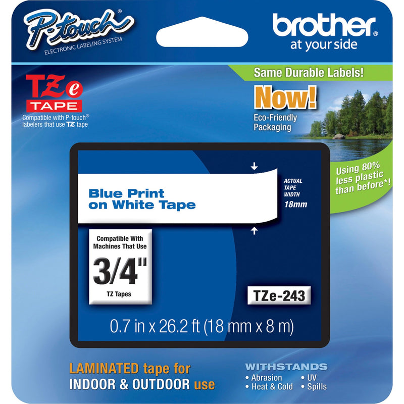 Brother TZe-243 P-Touch tape package showing blue on white laminated tape specifications, eco-friendly packaging, and compatibility information