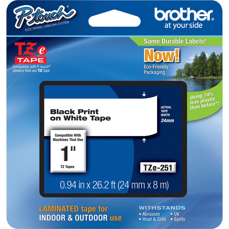 Brother P-Touch TZe-251 label tape packaging showing black on white tape specifications and eco-friendly features