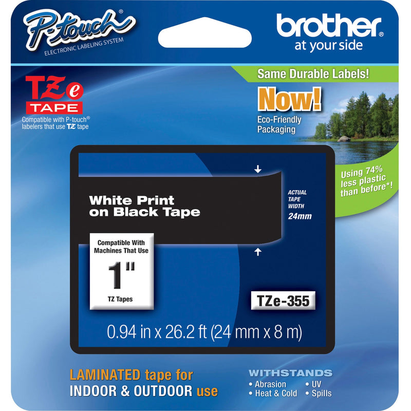 Brother P-touch TZe-355 tape packaging showing white on black tape specifications and eco-friendly features