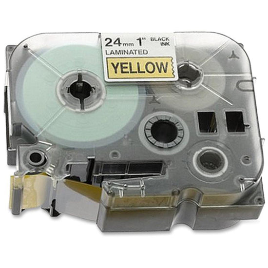 Close-up view of Brother TZe-651 yellow label tape cartridge showing internal mechanism and tape spool