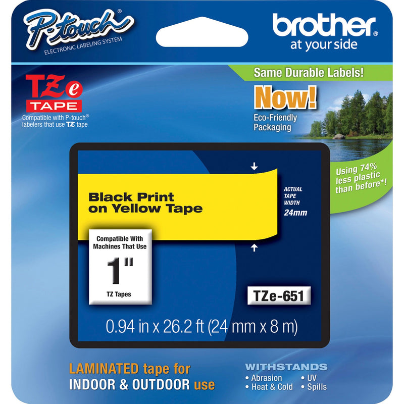 Brother P-Touch TZe-651 tape packaging showing black on yellow label tape specifications and eco-friendly features