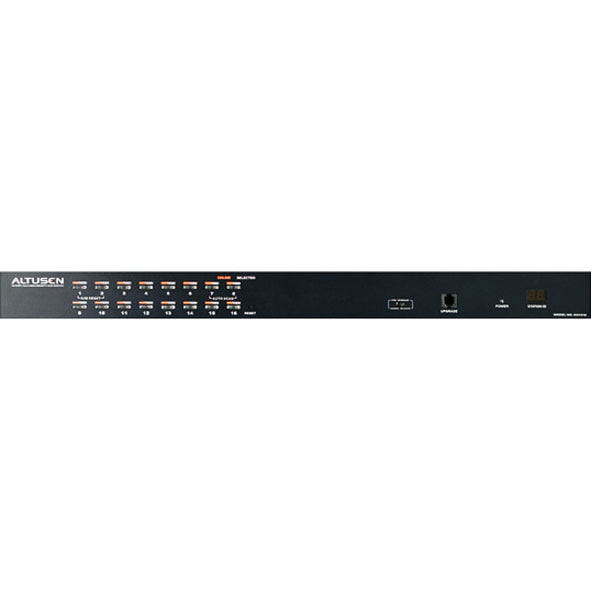 Front panel view of ATEN KH1516A 16-port KVM switch showing LED indicators and control buttons