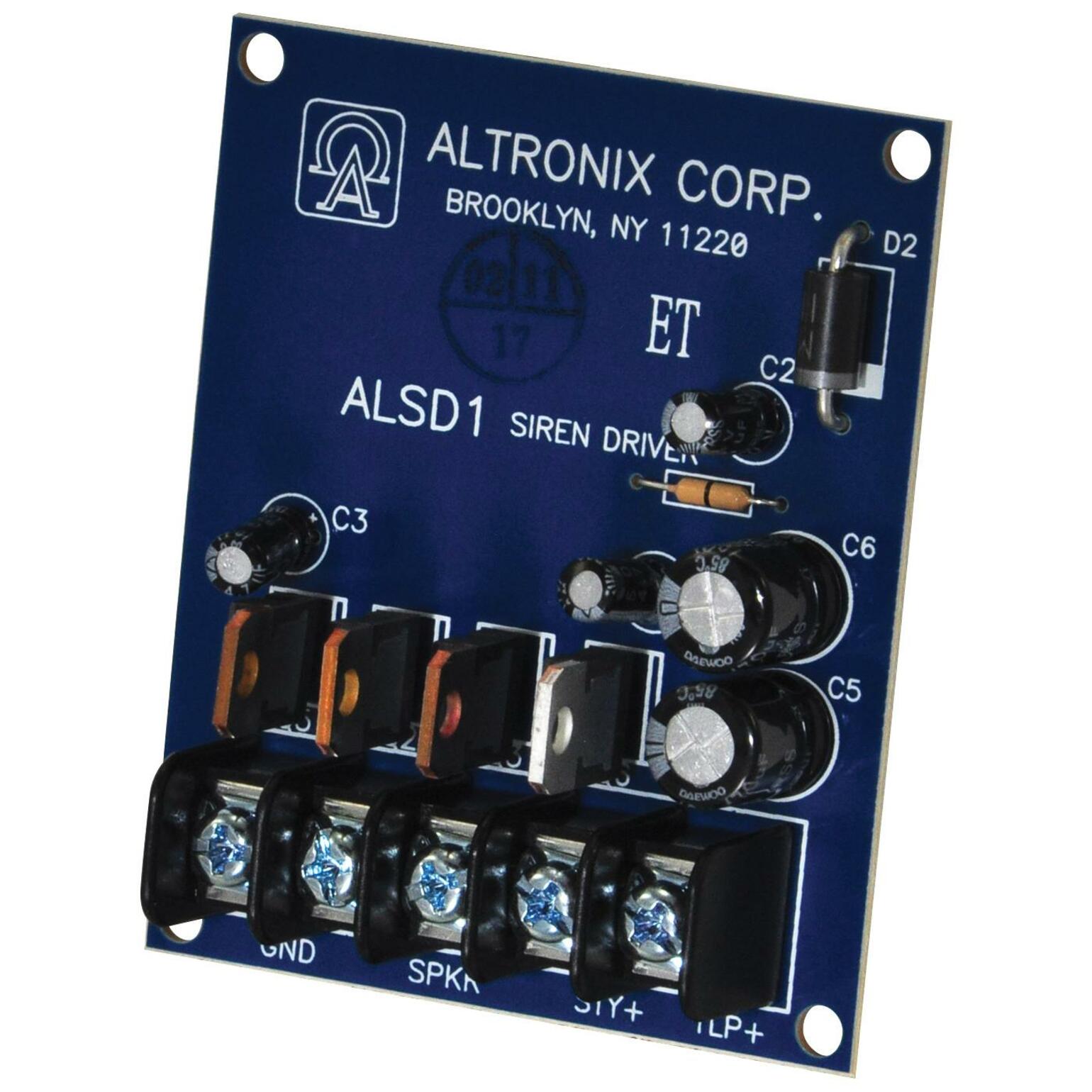 Altronix ALSD1 siren driver circuit board showing terminal connections, components, and clear labeling on blue PCB-alternate-image1