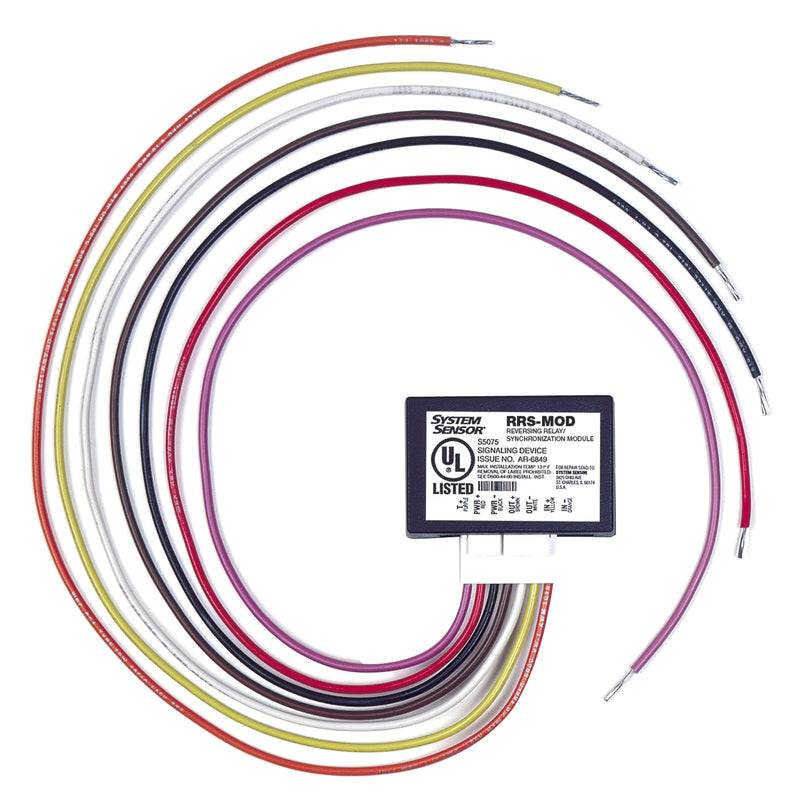 System Sensor RRS-MOD relay module with color-coded wiring harness arranged in a circular pattern showing multiple wire connections