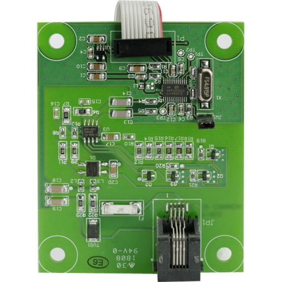 Green circuit board of Mircom TX3-MDM data modem showing RJ-11 connector, ribbon cable interface, and electronic components-alternate-image1