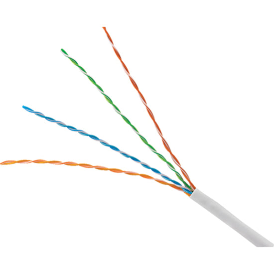 Close-up view of Genesis Cat6 cable showing four twisted pairs in blue, green, orange and brown with white PVC jacket