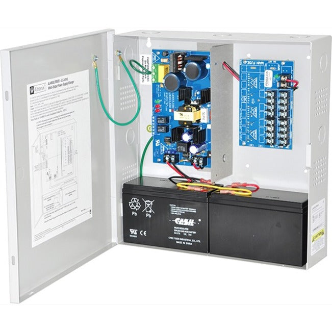 Interior view of Altronix AL400ULPD8CB power supply showing circuit boards, backup batteries, and wiring connections in an open metal enclosure-alternate-image1