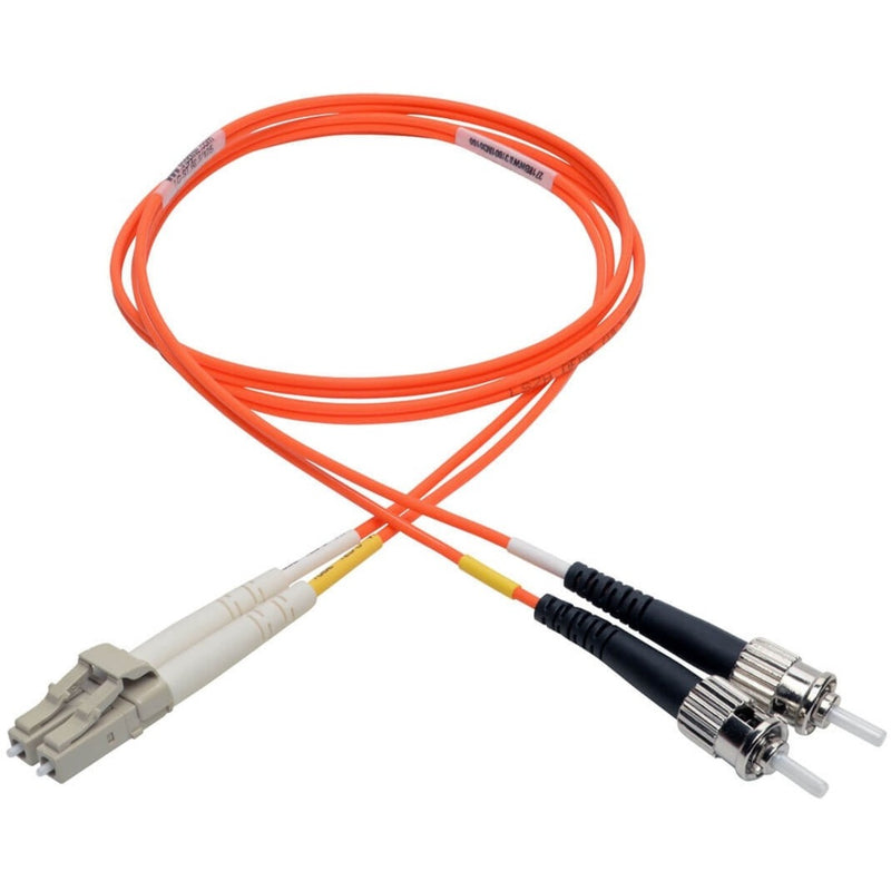 Full length view of orange multimode fiber patch cable with LC and ST connectors