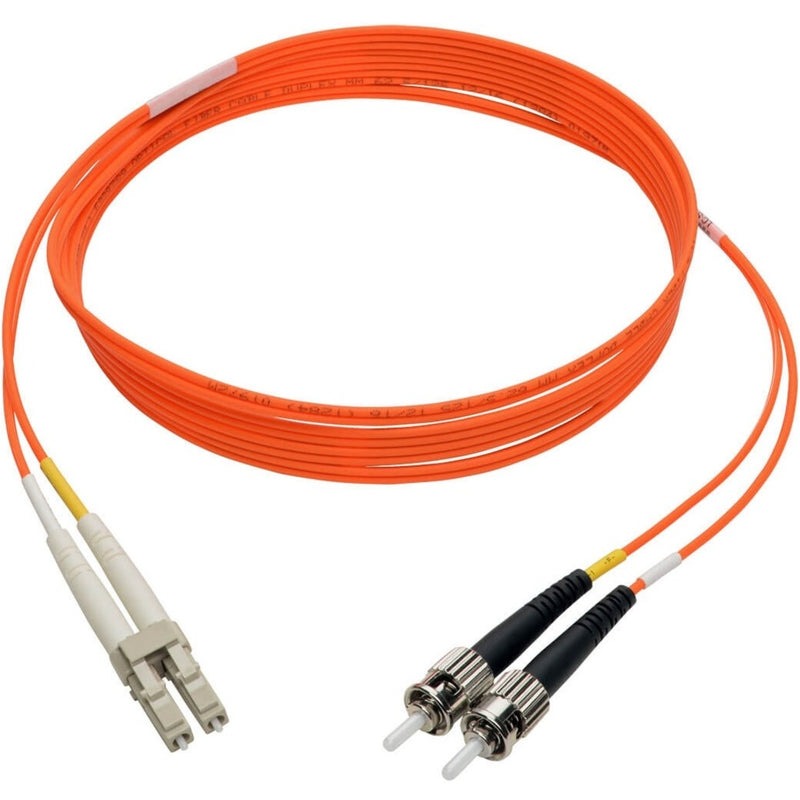 Full length view of orange fiber optic patch cable showing ST and LC connectors