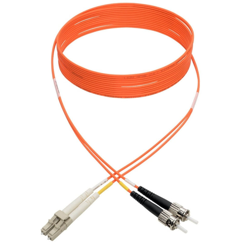 Full length view of orange fiber optic cable with ST and LC connectors