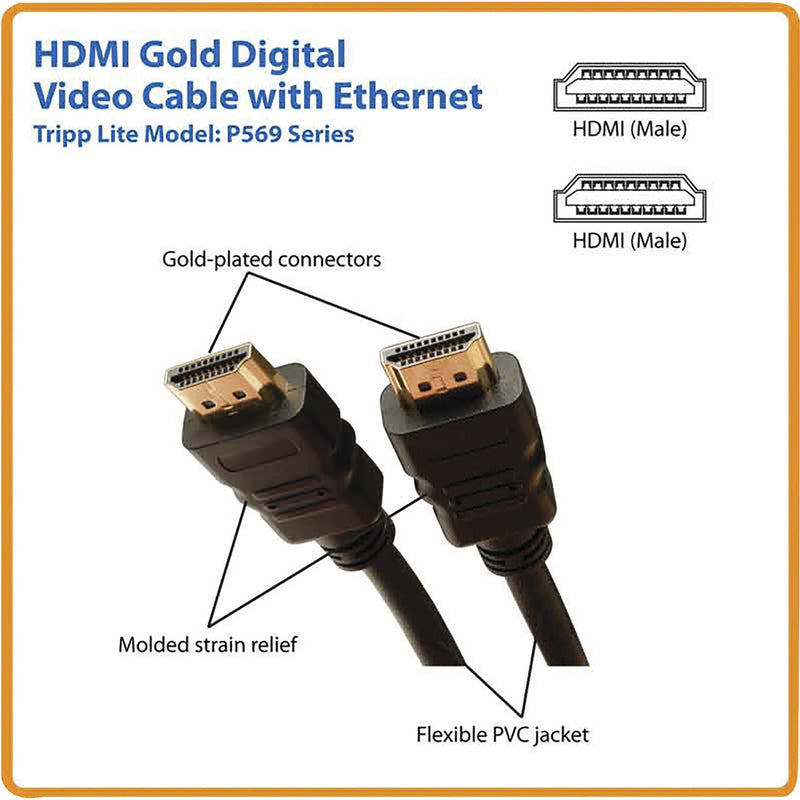 Technical diagram of Tripp Lite HDMI cable showing gold-plated connectors, strain relief, and flexible PVC jacket features