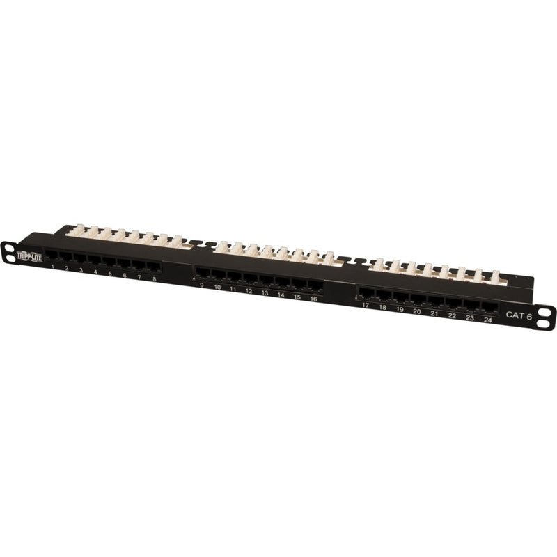 Front view of Tripp Lite N252-024-HU 24-port Cat6 patch panel showing numbered ports and half-U rack mount design