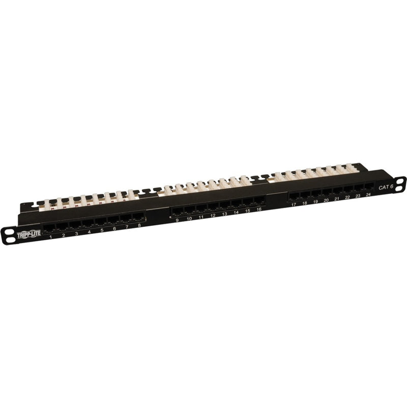 Angled view of N252-024-HU patch panel highlighting strain relief bar and cable management features