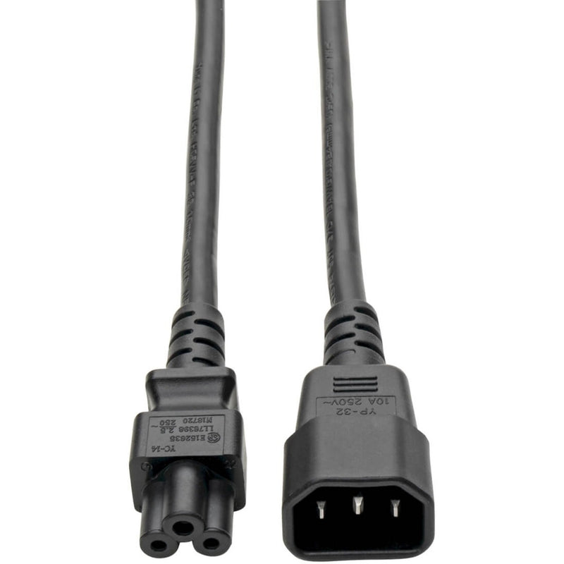 Close-up view of Tripp Lite P014-06N power adapter cord showing C14 and C5 connectors