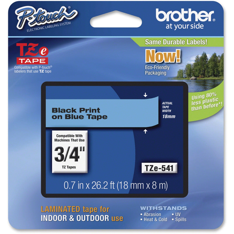 Brother TZe-541 P-Touch tape package showing black on blue label tape specifications with eco-friendly packaging design