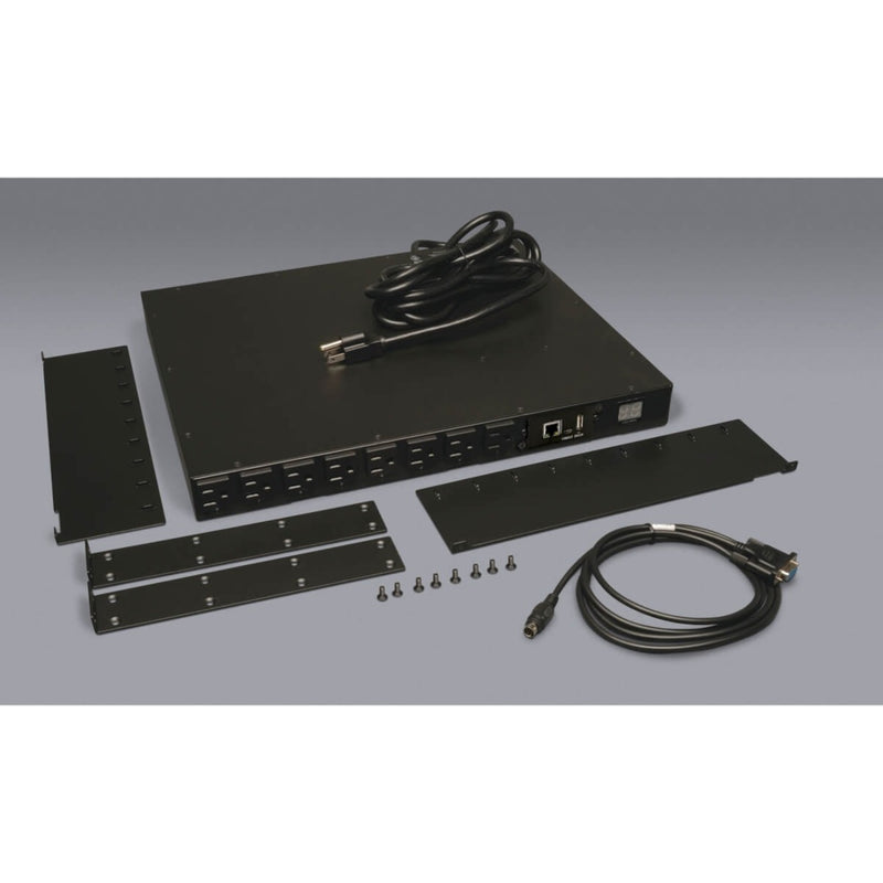 PDUMH15NET PDU shown with complete mounting kit including brackets and cables