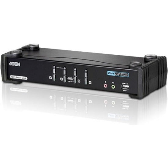 Front view of ATEN CS1784A KVM switch showing control buttons, USB ports, and audio connections