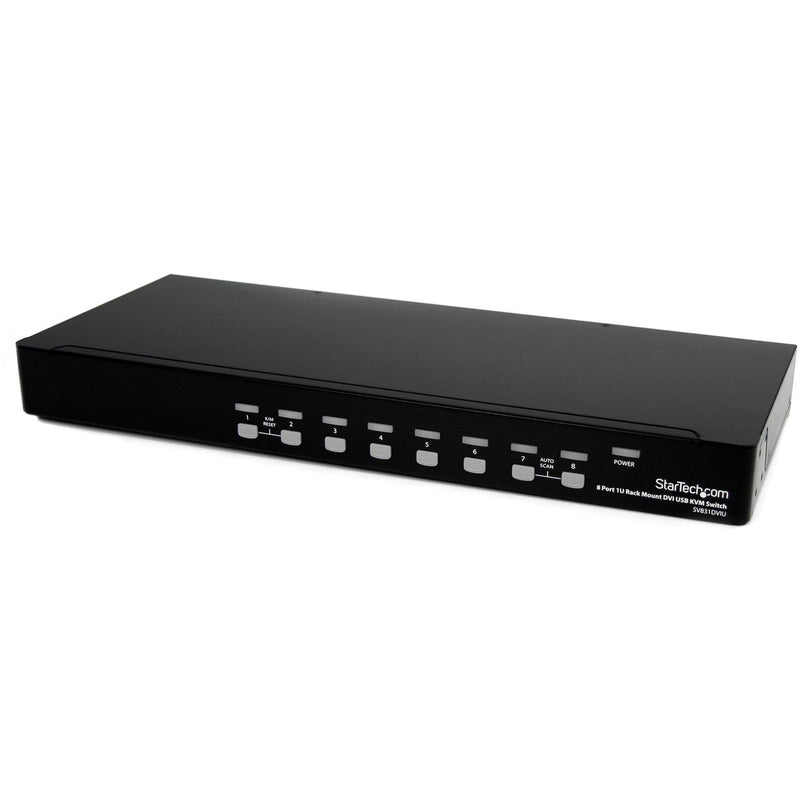 Front view of StarTech.com 8-port DVI USB KVM switch showing control buttons and power indicator