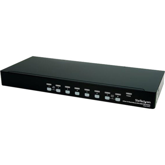 Angled view of StarTech.com KVM switch displaying compact form factor