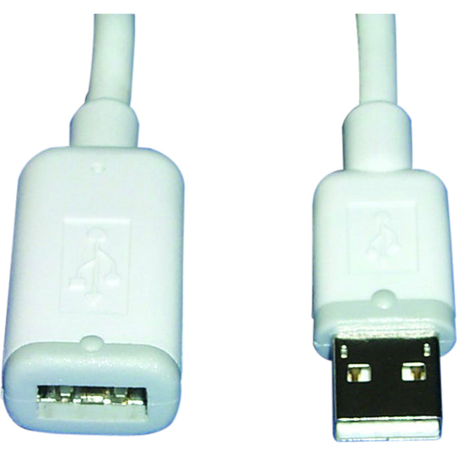 Close-up view of white USB Type A male and female connectors of the SRC CAUSBAMF15 cable showing gold-plated contacts