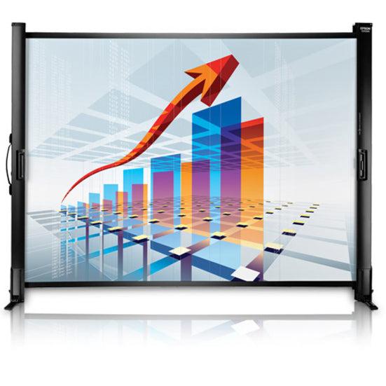 Epson ES1000 portable projection screen displaying a colorful 3D business growth chart with ascending blue and orange bars and a red arrow trending upward