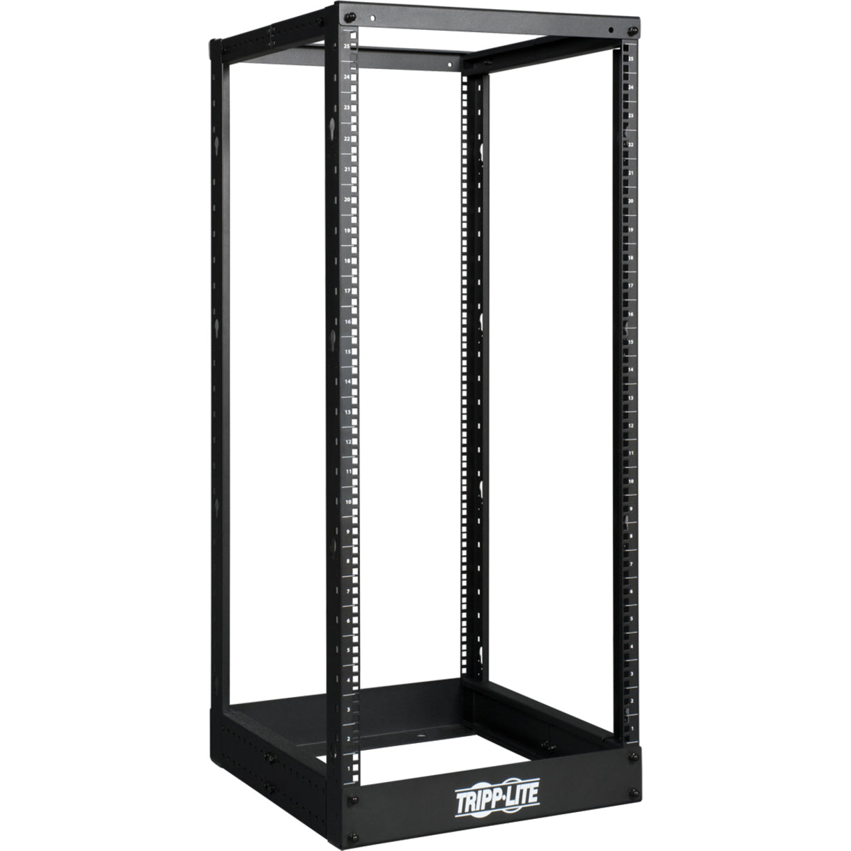 Tripp Lite SR4POST25 24U open frame rack with black powder coat finish, featuring numbered rack spaces and adjustable mounting depth-alternate-image1