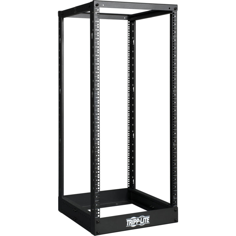 Tripp Lite SR4POST25 24U open frame rack with black powder coat finish, featuring numbered rack spaces and adjustable mounting depth