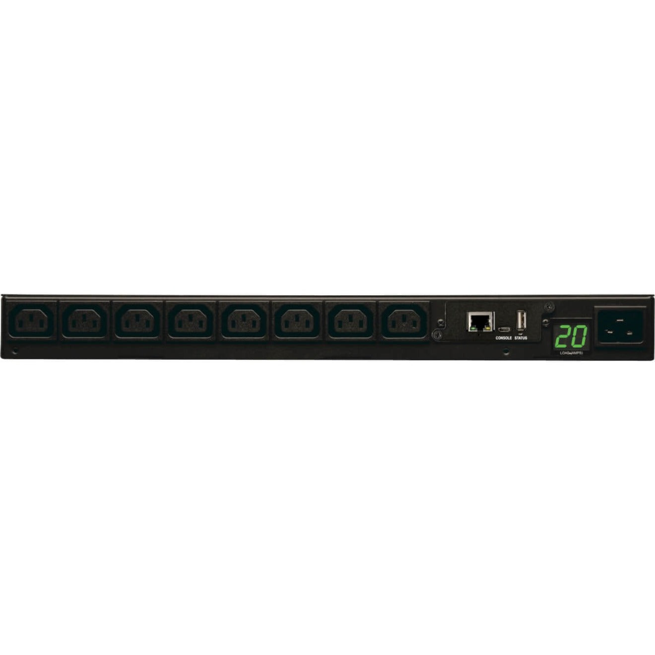 Front view of Tripp Lite PDUMNH20HV PDU showing 8 IEC outlets, network port, USB port and digital display-alternate-image1