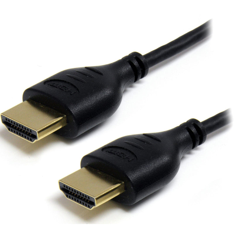 Close-up view of StarTech.com slim HDMI cable connectors with gold-plated terminals and black housing