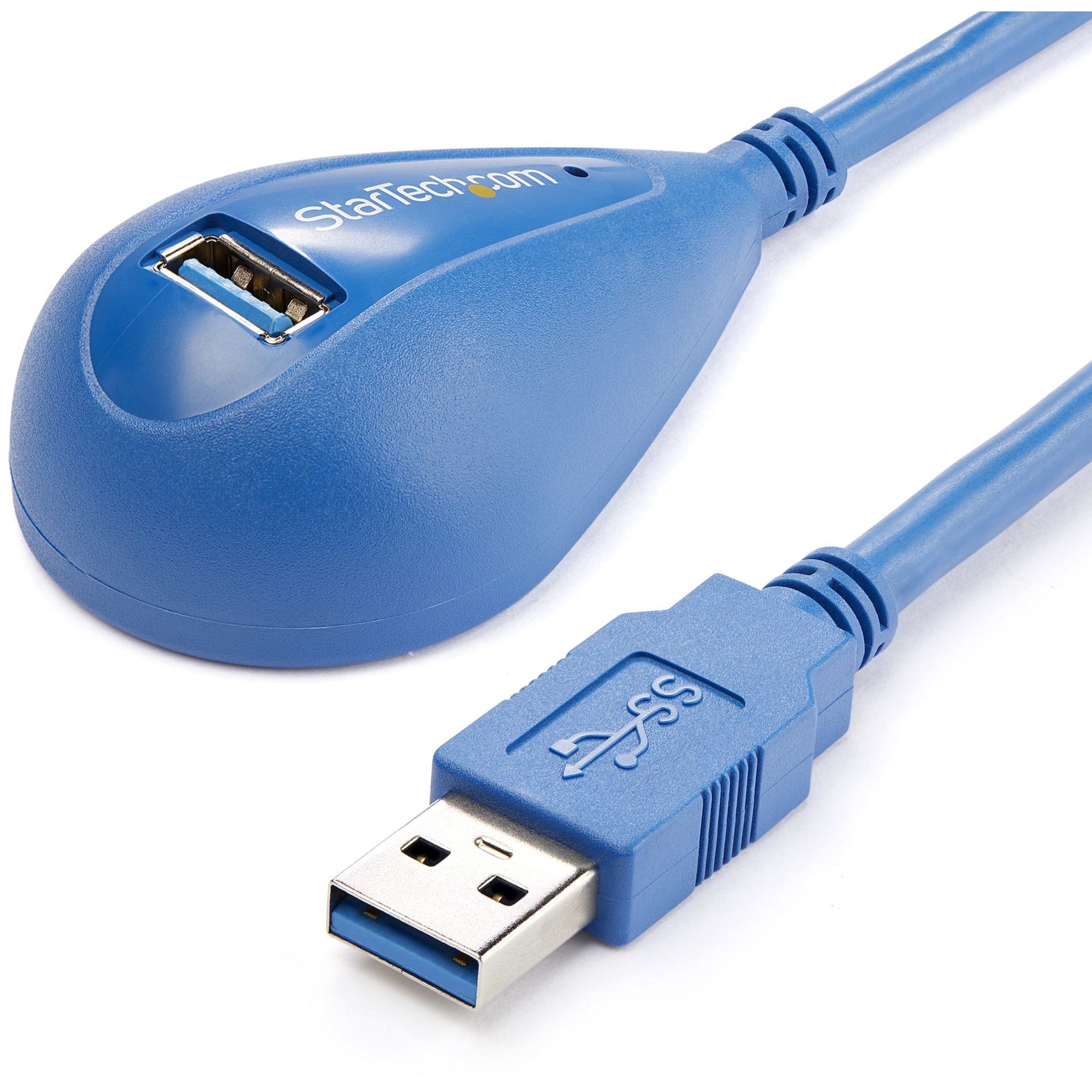 Close-up of StarTech.com USB 3.0 extension cable showing blue teardrop-shaped hub and male USB connector-alternate-image1