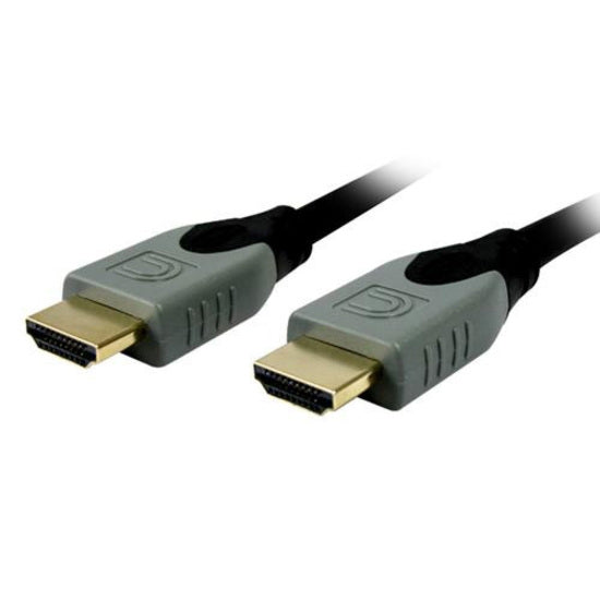 Close-up view of gold-plated HDMI connectors on both ends of a black cable with gray molded strain relief