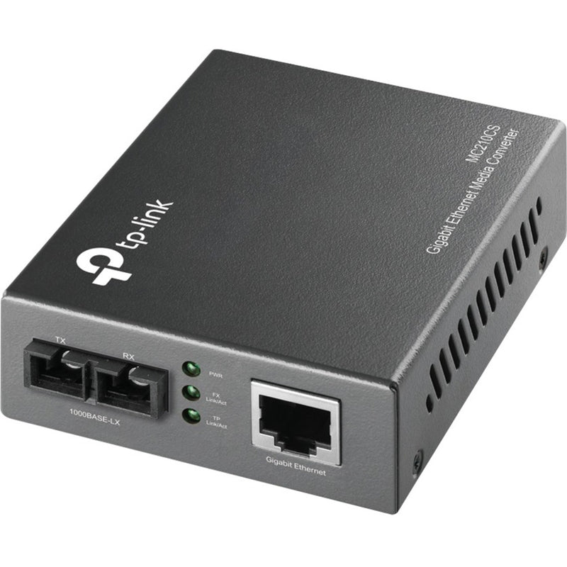 TP-Link MC210CS Gigabit Media Converter showing RJ-45 port, SC fiber port, and LED indicators in a durable metal housing