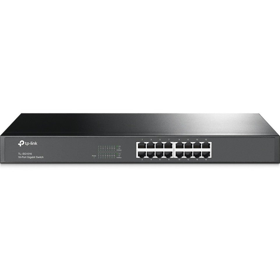 Front view of TP-Link TL-SG1016 16-port Gigabit Ethernet switch showing all network ports and status LEDs-alternate-image1